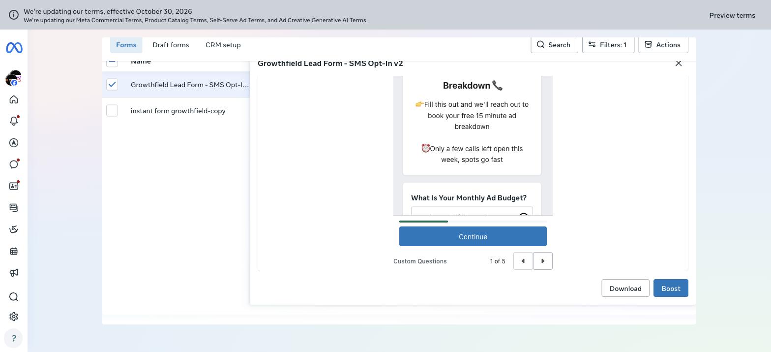 Facebook Ads Manager preview of the Growthfield Lead Form - SMS Opt-In v2 Instant Form showing the intro screen with the first question and a Continue button