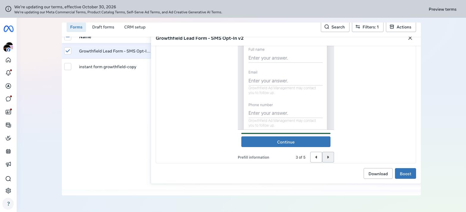 Facebook Ads Manager preview of the contact step of the Growthfield Instant Form, with fields for full name, email and phone number and a Continue button