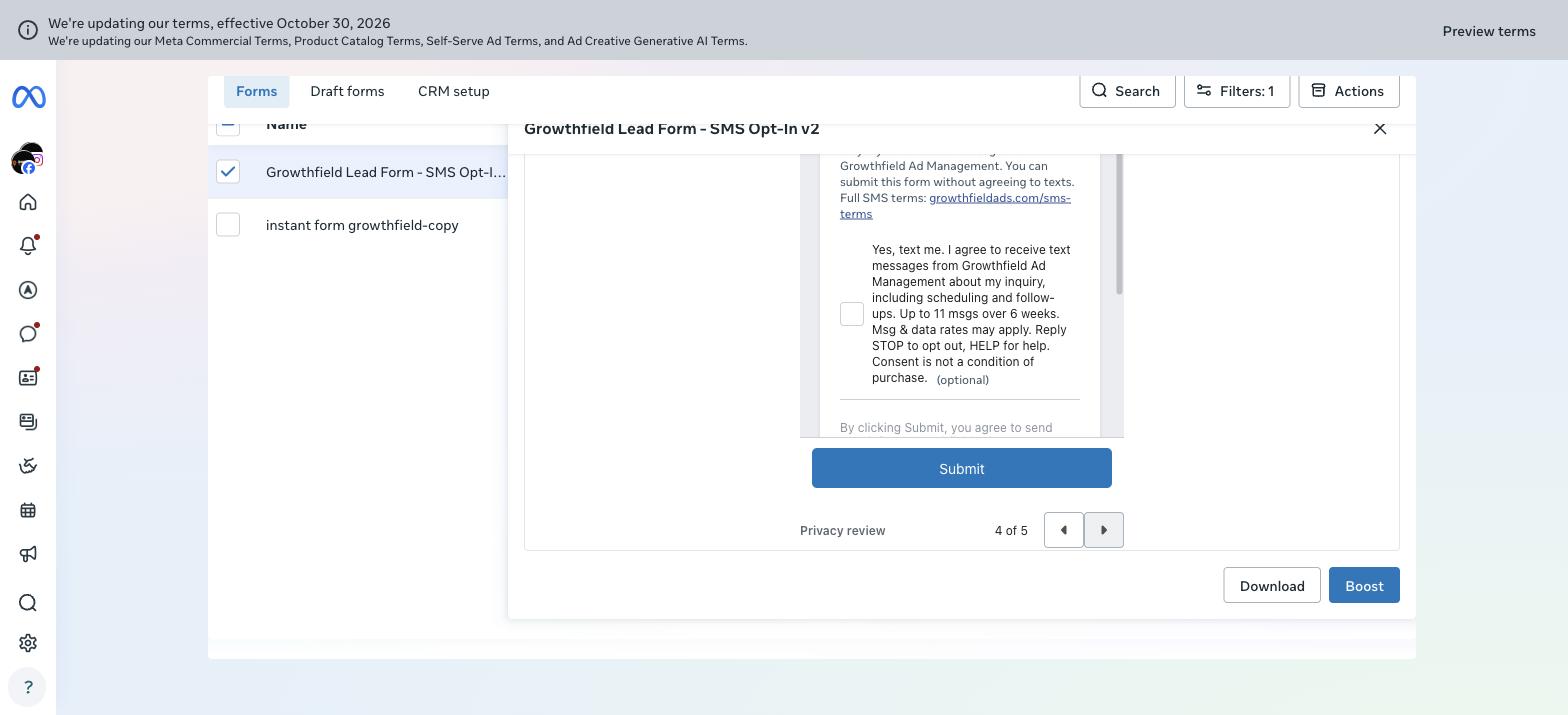Facebook Ads Manager preview of the Privacy review screen of the Growthfield Instant Form, showing a separate, unchecked optional SMS consent checkbox above the Submit button