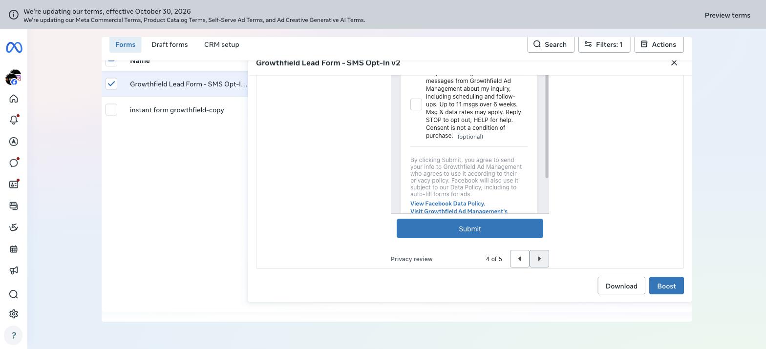 Facebook Ads Manager preview of the bottom of the Privacy review screen of the Growthfield Instant Form, showing Meta disclaimer text with links to the Privacy Policy and the Submit button